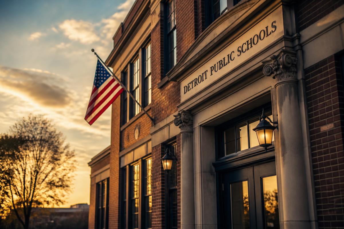 Detroit public school building in late afternoon light